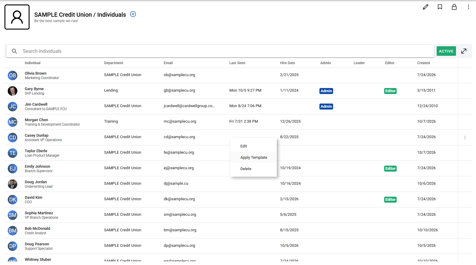 Screenshot: Individual row actions showing Apply Template.