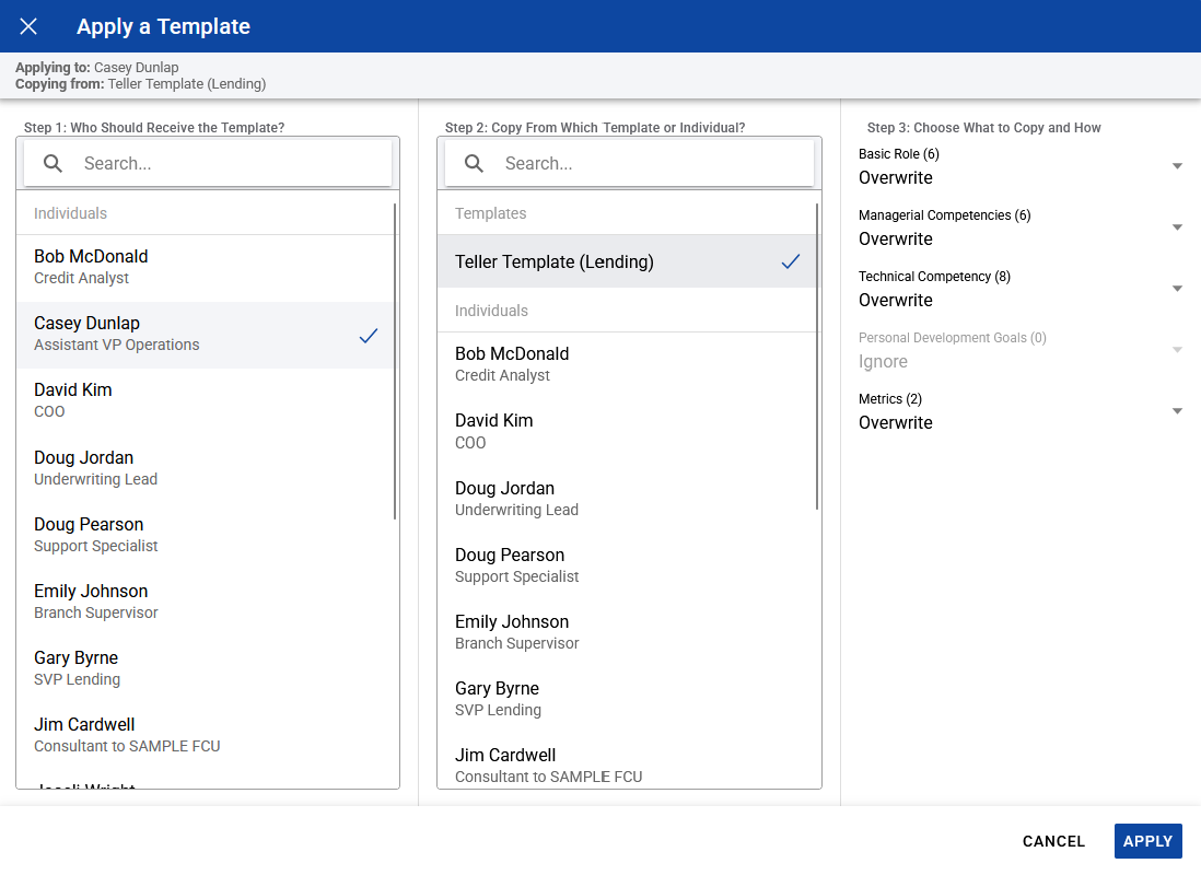 Screenshot: “Copy From Which Template or Individual?” selection